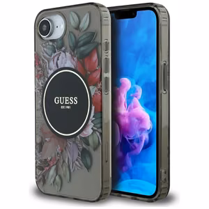 Оригинальный чехол GUESS IML Flowers MagSafe для iPhone 17e/16e чёрный