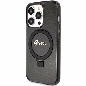 Guess dėklas telefonui su stovu Ring Stand Script Glitter magnetinis iPhone 15 Pro - juodas
