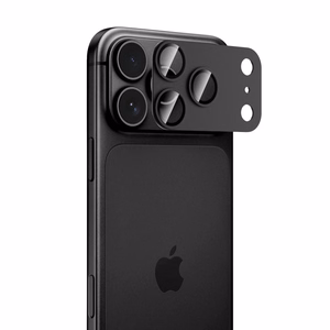 Juoda aliuminio ir grūdinto stiklo kameros modulio apsauga „Tech-Protect CamFull Fit+“, skirta „Apple iPhone 18 Pro“