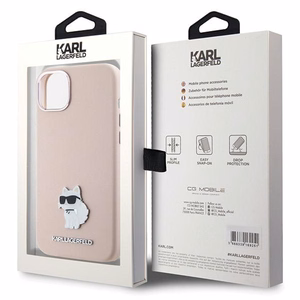 Karl Lagerfeld silikoninis Choupette Metal Pin dėklas telefonui iPhone 15 Plus / 14 Plus - rožinis