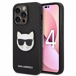 Karl Lagerfeld Saffiano Choupette Head Patch dėklas telefonui iPhone 14 Pro - juodas