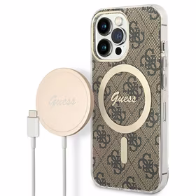 Rinkinys Guess GUBPP13LH4EACSW dėklas + įkroviklis iPhone 13 Pro rudas kietas dėklas su 4G raštu Magnetinis