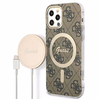 Rinkinys Guess GUBPP12MH4EACSW dėklas + įkroviklis iPhone 12/12 Pro rudas kietas dėklas su 4G raštu Magnetinis