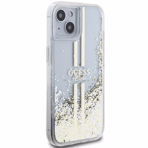 Guess Liquid Glitter Gold Stripes dėklas telefonui iPhone 15 Plus / 14 Plus - permatomas
