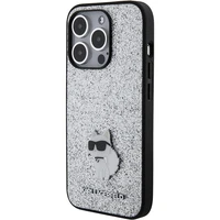 Karl Lagerfeld Fixed Glitter Choupette Logo Metal Pin Dėklas telefonui iPhone 15 Pro Max - sidabrinis