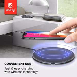 Crong PowerSpot Qi 15 W USB-C belaidis įkroviklis su grūdinto stiklo danga, sidabro spalvos ir baltas