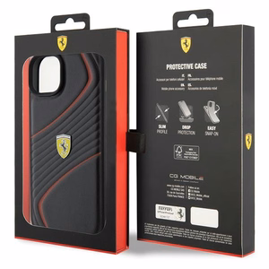 Ferrari dygsniuotas metalo logotipa dėklas iPhone 15 Plus – juodas
