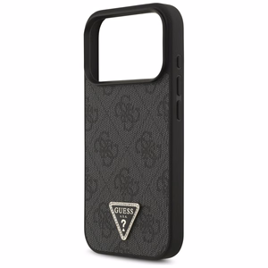 Guess Leather 4G Triangle Strass MagSafe dėklas iPhone 18 Pro / 17 Pro – juodas