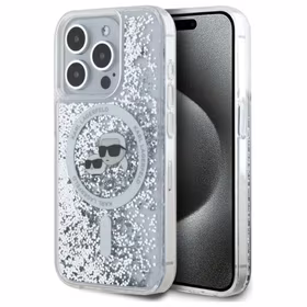 Karl Lagerfeld Skysti blizgučiai Karl & Choupette Head Magnetinis dėklas telefonui iPhone 15 Pro - skaidrus
