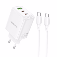 Borofone sieninis įkroviklis BN32 Cargador GaN - USB + 2xType C - QC 3.0 PD 65W su Type C į Type C baltas