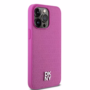 DKNY Odinis monogramos rašto metalinis logotipas Magnetinis dėklas telefonui iPhone 15 Pro Max - rožinis