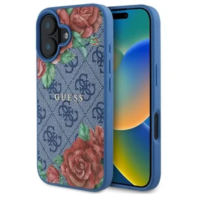 Guess GUHMP16SP4ROPEMCB iPhone 16 6.1" mėlynas/mėlynas kietas dėklas 4G Gėlių Raštas Magnetinis