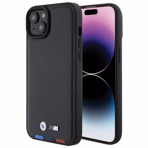 BMW BMHCP15M22PTDK dėklas telefonui iPhone 15 Plus 6.7" juodas/juodas odinis su trispalve emblema