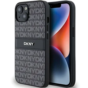DKNY odinis mono juostelės ir metalinis logotipas dėklas iPhone 15/14/13 - juodas