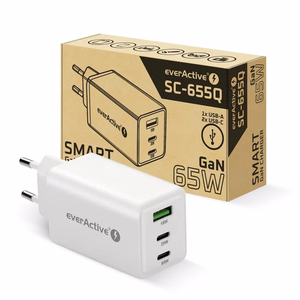 GaN įkroviklis 1 x USB, 2 x USB-C Quick Charge 4+ 65W baltas