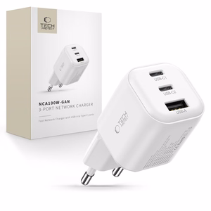„Tech-Protect NCA100W-GaN“ 3 jungčių 100 W PD 3.2 / QC 3.0 maitinimo adapteris – baltas