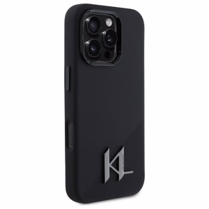 Karl Lagerfeld Silicone Shadow Metal Initial Magnetinis iPhone 16 Pro dėklas - juodas