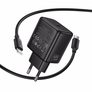 Telefono GaN įkroviklis Hoco USB C PD AVS 40W max 60W su USB C į USB C laidu N83 juodas