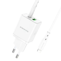 Borofone Sieninis įkroviklis BN7 - USB + Type C - QC 3.0 PD 20W su Type C į Lightning kabeliu baltas