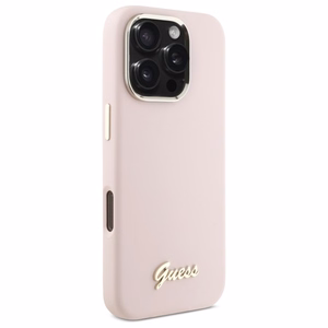 Guess Silikoninis Užrašas Metalinis Logo & Rėmelis iPhone 16 Pro Dėklas - rožinis