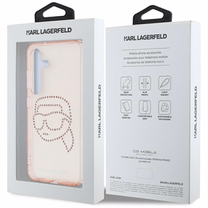 Karl Lagerfeld dėklas telefonui su kalnų krištolais K. Head logotipu Samsung Galaxy S25 rožinis