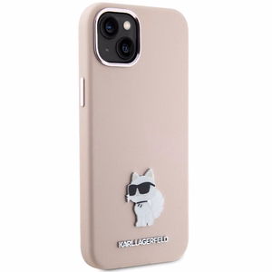 Karl Lagerfeld silikoninis Choupette Metal Pin dėklas telefonui iPhone 15 Plus / 14 Plus - rožinis