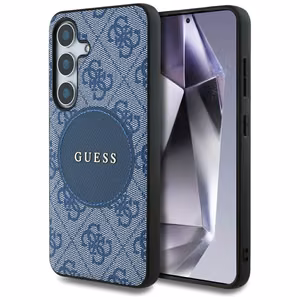 Dėklas telefonui Guess 4G Round Patch Classic Logo MagSafe Samsung Galaxy S25 Plus mėlynas