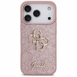Guess PU Fixed Glitter 4G Metal Logo dėklas Apple iPhone 18 Pro, rožinis