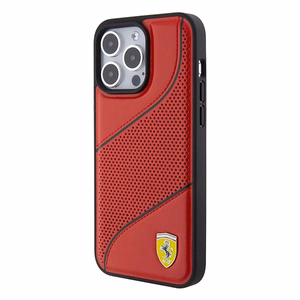 Ferrari Perforuotos bangos metalinis logotipas dėklas telefonui iPhone 15 Pro - raudonas