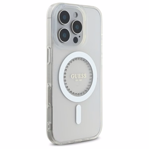 Guess IML Rhinestones magnetinis dėklas telefonui iPhone 16 Pro - baltas