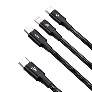 Baseus kabelis 3in1 Rapid PD USB-C - micro USB + Lightning + USB-C 1,5m juodas 20W