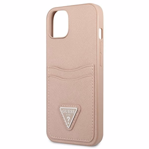 Guess GUHCP13MPSATPP iPhone 13 6.1 dėklas telefonui, rožinis, kietas, Saffiano trikampio logotipu ir kortelių skyriumi
