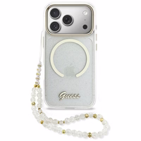 Guess IML Glitters Script Dirželis MagSafe Dėklas for iPhone 17 Pro - Clear