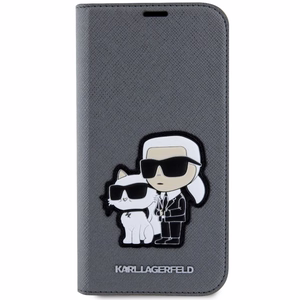 Karl Lagerfeld KLBKP14SSANKCPG iPhone 14 6.1" knygos tipo dėklas sidabrinis Saffiano Karl & Choupette