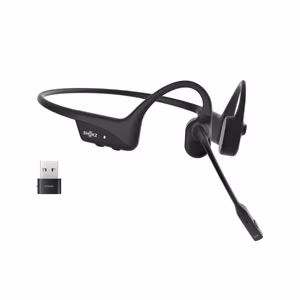 SHOKZ OpenComm2 UC 2025 belaidės Bluetooth kaulų laidžiavimo ausinės vaizdo konferencijoms su USB-C įkrovimo jungtimi ir USB-A adapteriu, triukšmą slopinančiu mikrofonu, juodos