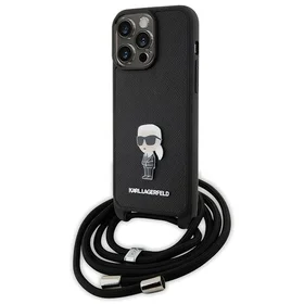 Karl Lagerfeld kryžminis Saffiano monograma metalinis ženkliukas Karl & Choupette dėklas telefonui iPhone 15 Pro Max - juodas