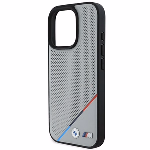 BMW M perforuota trispalvė linija Magnetinis dėklas iPhone 16 Pro - pilkas