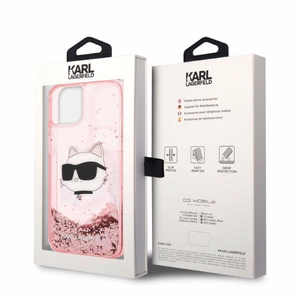 Karl Lagerfeld blizgus Choupette galvos dėklas telefonui iPhone 14 Plus - rožinis
