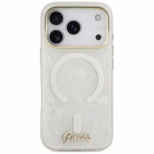 Guess IML Shell Script Metal MagSafe Dėklas for iPhone 17 Pro Max - baltas