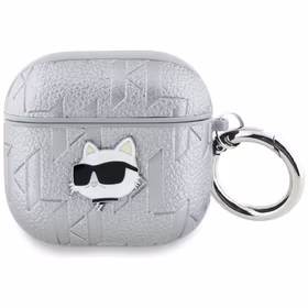 Dėklas ausinėms AirPods 4 Karl Lagerfeld Monogram Choupette Head – sidabrinis