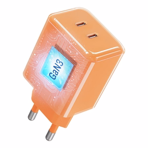 Telefono įkroviklis Forcell F-Energy GaN III Crystal Color, 2x USB C, AVS, SSFC3.0, 60W + silikoninis laidas USB C į USB C VT-60, oranžinis