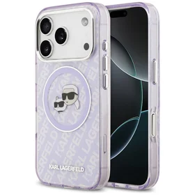 Karl Lagerfeld IML Blizgantis Karl & Choupette Heads Logo magnetinis dėklas telefonui iPhone 17 Pro Max - violetinis
