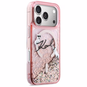 Karl Lagerfeld Liquid Glitter Karl Script Logo MagSafe Dėklas for iPhone 17 Pro - rožinis