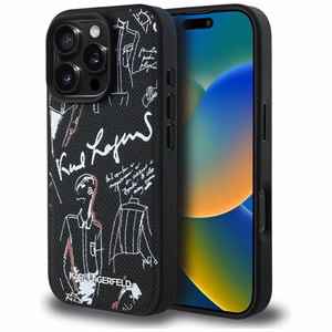 Karl Lagerfeld Grained Pattern & Logo MagSafe Dėklas for iPhone 16 Pro Max - juodas