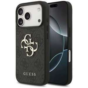 Guess PU 4G Metal Logo dėklas Apple iPhone 18 Pro, pilkas