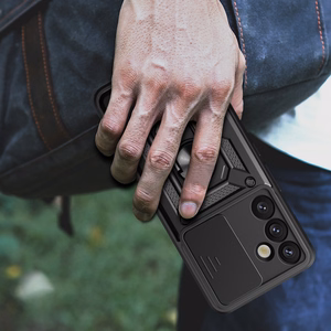 Hibridinis šarvuotas Camshield su kameros dangteliu ir metaliniu žiedu Samsung Galaxy S25+ - juodas