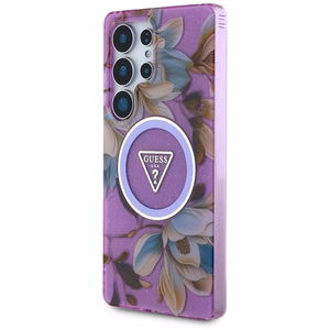 GUESS dėklas SAMSUNG S25 Ultra GUHMS25LHFLPEDU (Magnetinis IML metalinis blizgesys gėlių trikampis) violetinė