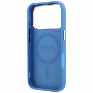 Guess 4G Classic Logo dėklas, skirtas iPhone 18 Pro Max / 17 Pro Max, su 360° žiedu-stovu, suderinamas su MagSafe – mėlynas