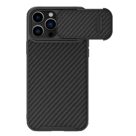 Nillkin Synthetic Fiber S dėklas iPhone 14 Pro Max su kameros dangteliu, juodas