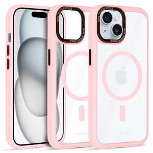 Liavec Hibridinis magnetinis skaidrus dėklas iPhone 15 šviesiai rožinis